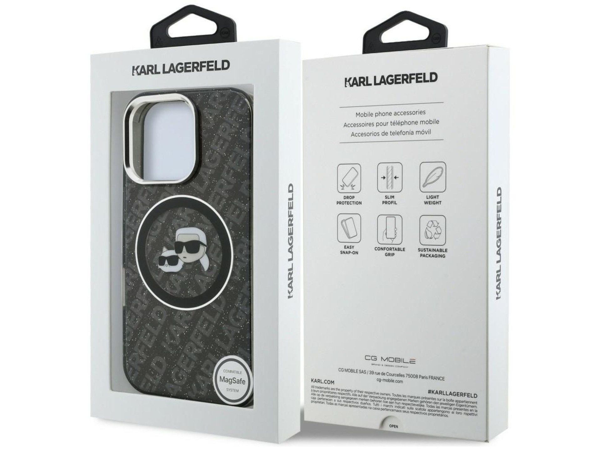 Funda MagSafe Karl Lagerfeld IML Glitter Karl & Choupette Heads para iPhone 16 Pro - Negra