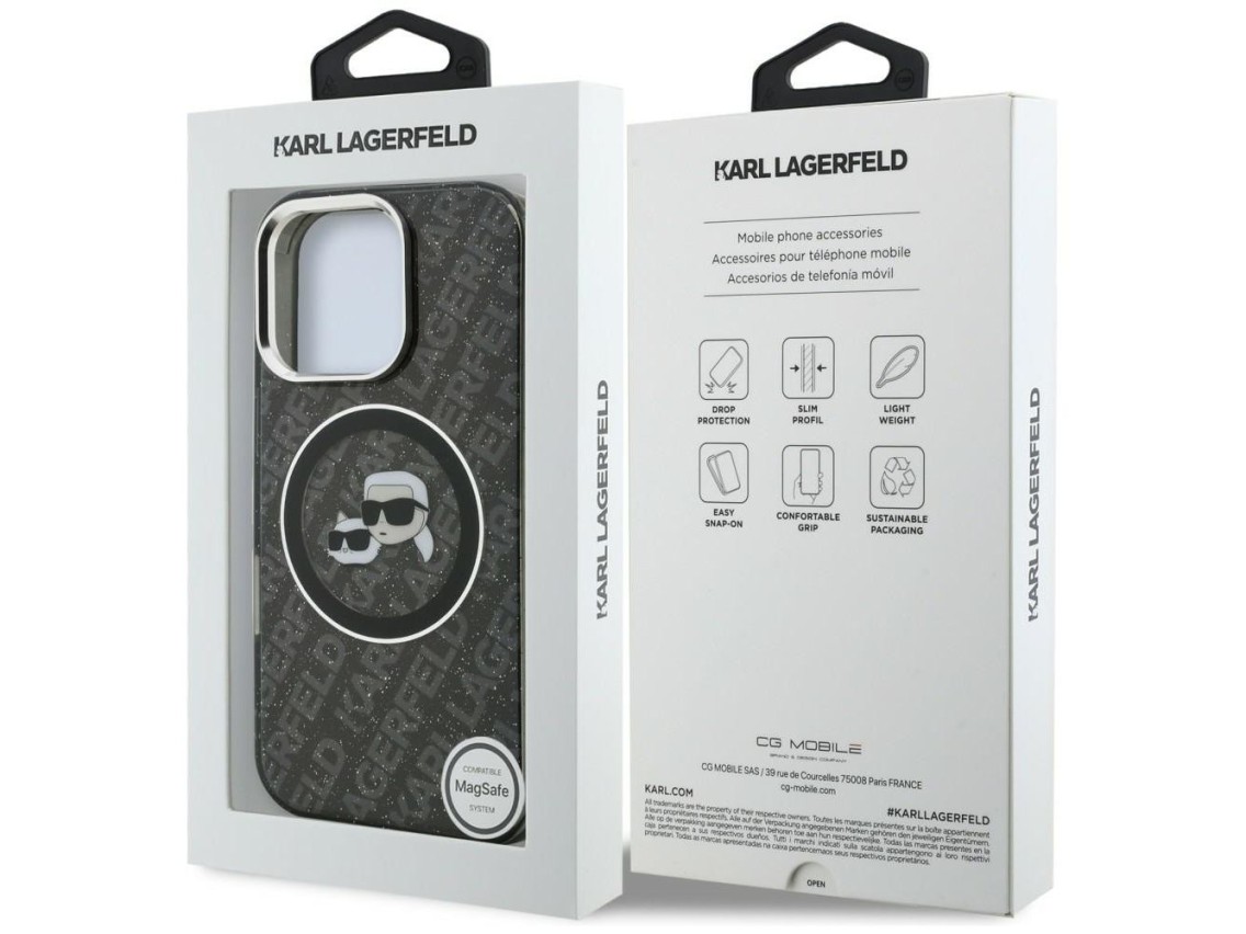 Funda MagSafe Karl Lagerfeld IML Glitter Karl & Choupette Heads para iPhone 16 Pro - Negra