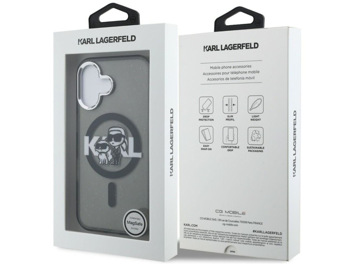 Capa MagSafe Karl Lagerfeld IML Glitter com o logo Karl & Choupette para iPhone 16 - Preta