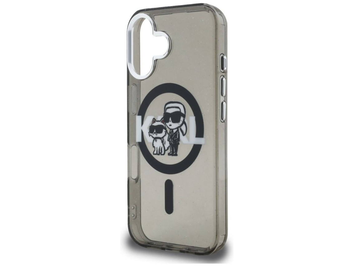 Capa MagSafe Karl Lagerfeld IML Glitter com o logo Karl & Choupette para iPhone 16 - Preta