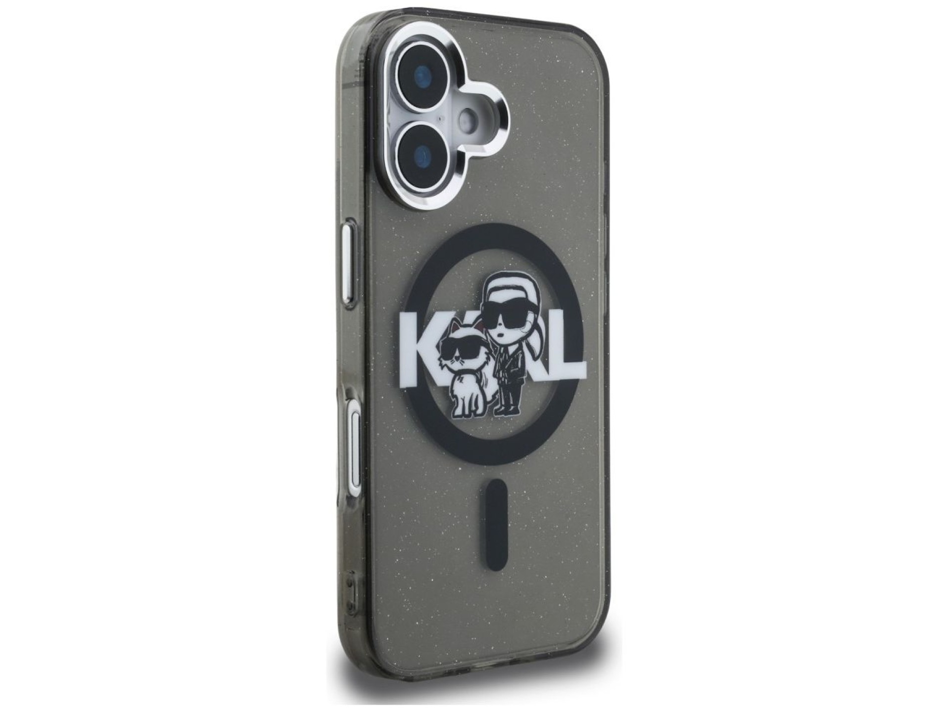 Capa MagSafe Karl Lagerfeld IML Glitter com o logo Karl & Choupette para iPhone 16 - Preta