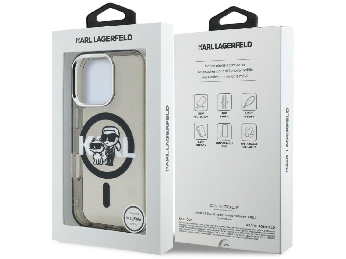 Funda MagSafe Karl Lagerfeld IML Glitter Karl & Choupette Sketch Logo para iPhone 16 Pro - Negra