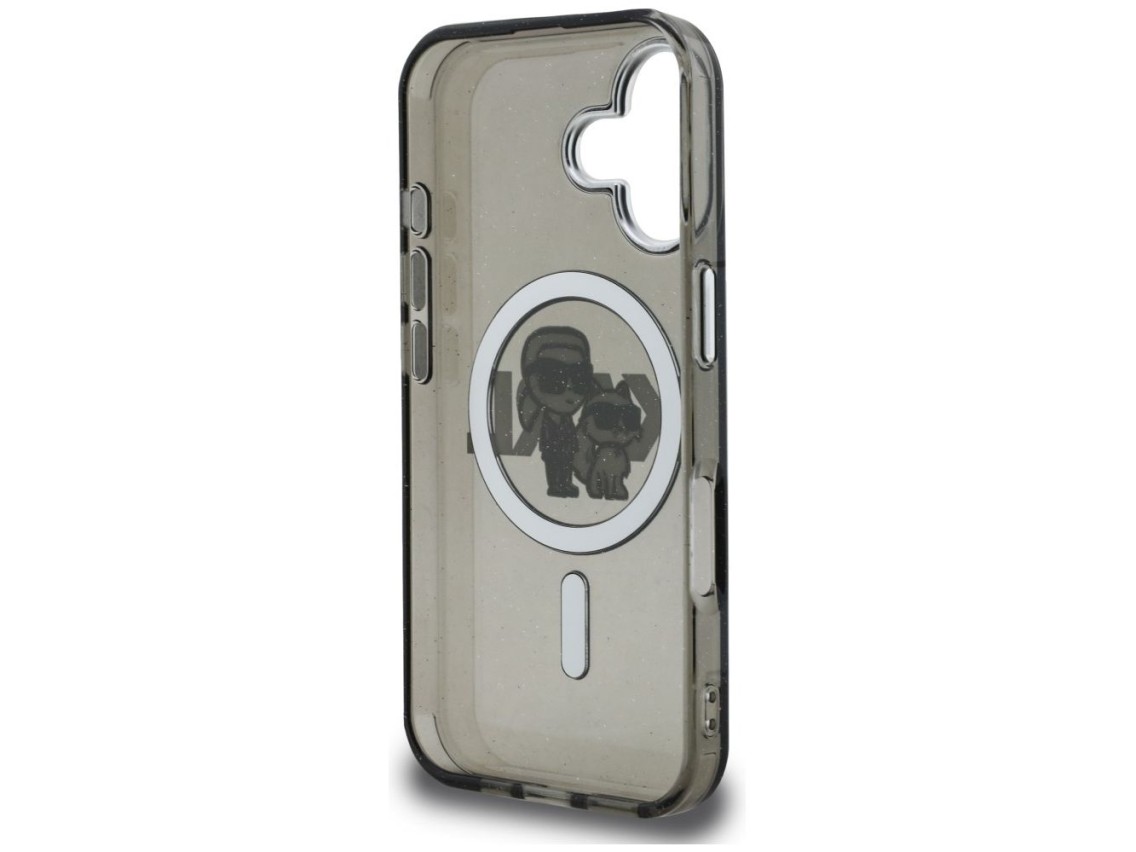 Capa MagSafe Karl Lagerfeld IML Glitter com o logo Karl & Choupette para iPhone 16 - Preta