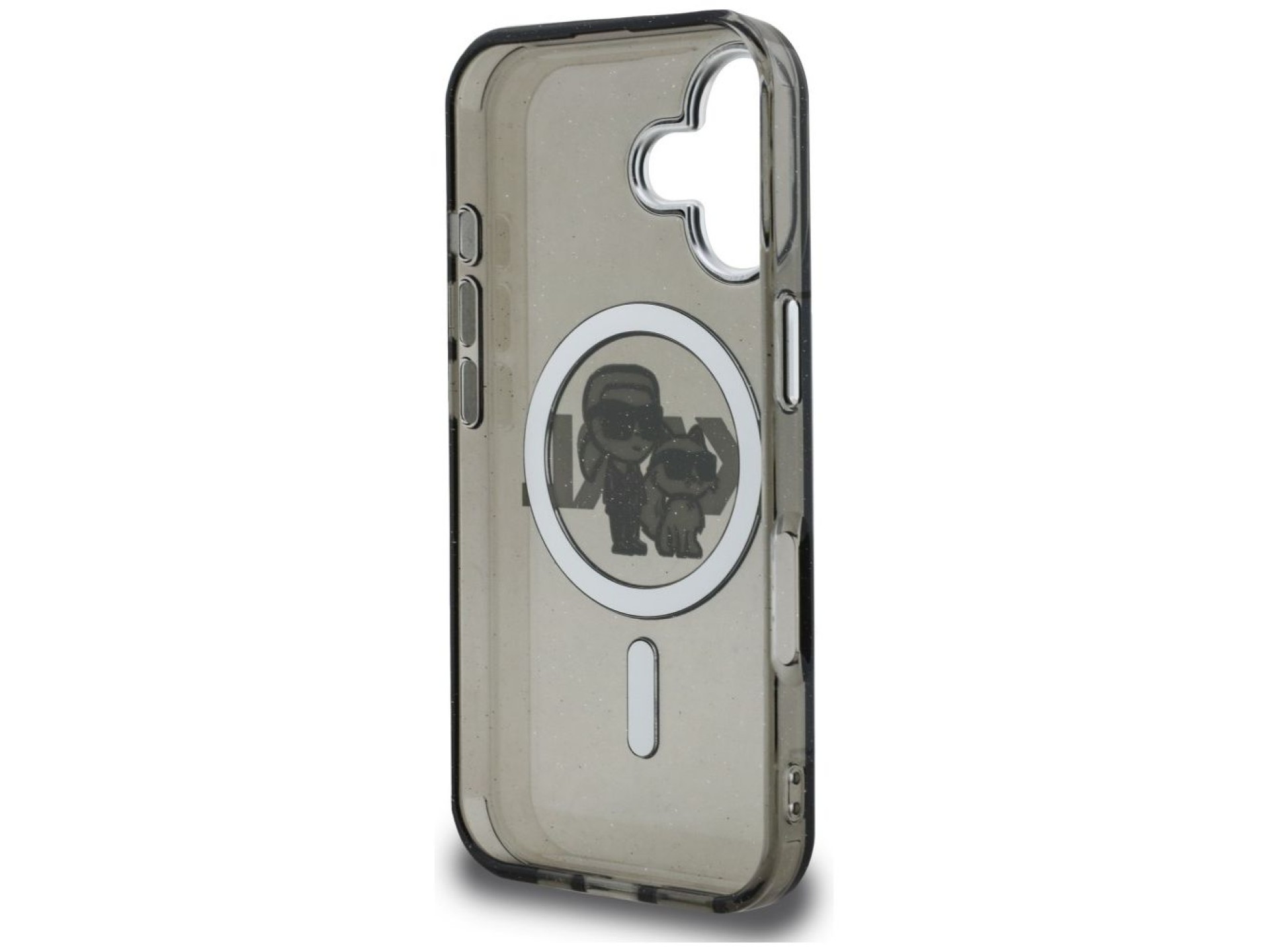 Capa MagSafe Karl Lagerfeld IML Glitter com o logo Karl & Choupette para iPhone 16 - Preta