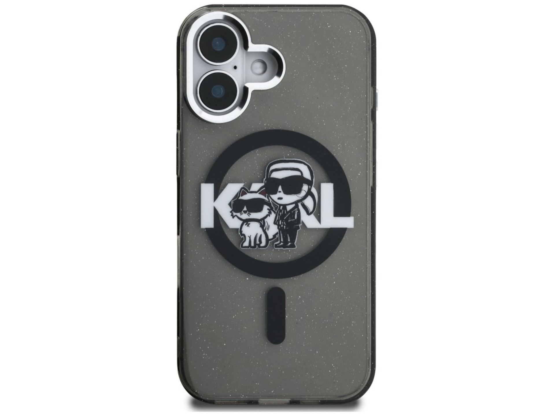 Capa MagSafe Karl Lagerfeld IML Glitter com o logo Karl & Choupette para iPhone 16 - Preta