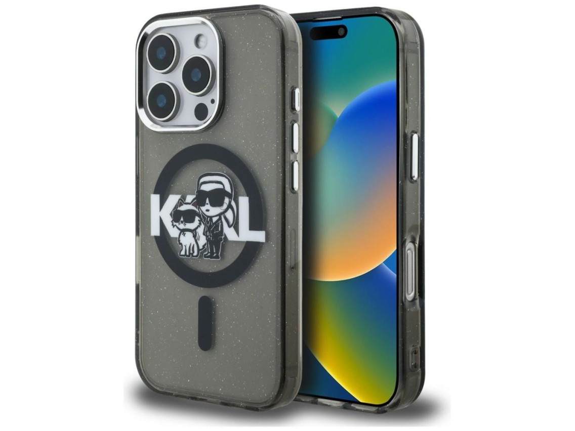 Funda MagSafe Karl Lagerfeld IML Glitter Karl & Choupette Sketch Logo para iPhone 16 Pro - Negra