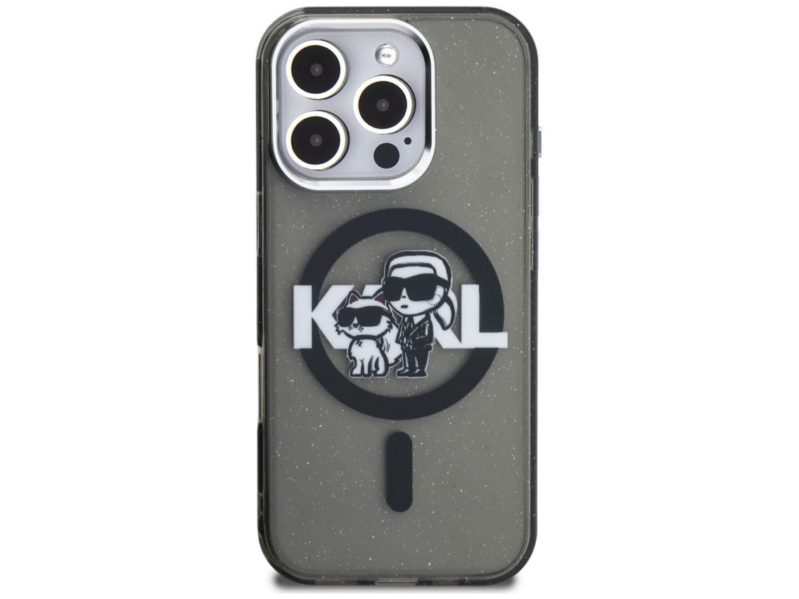 Funda MagSafe Karl Lagerfeld IML Glitter Karl & Choupette Sketch Logo para iPhone 16 Pro - Negra