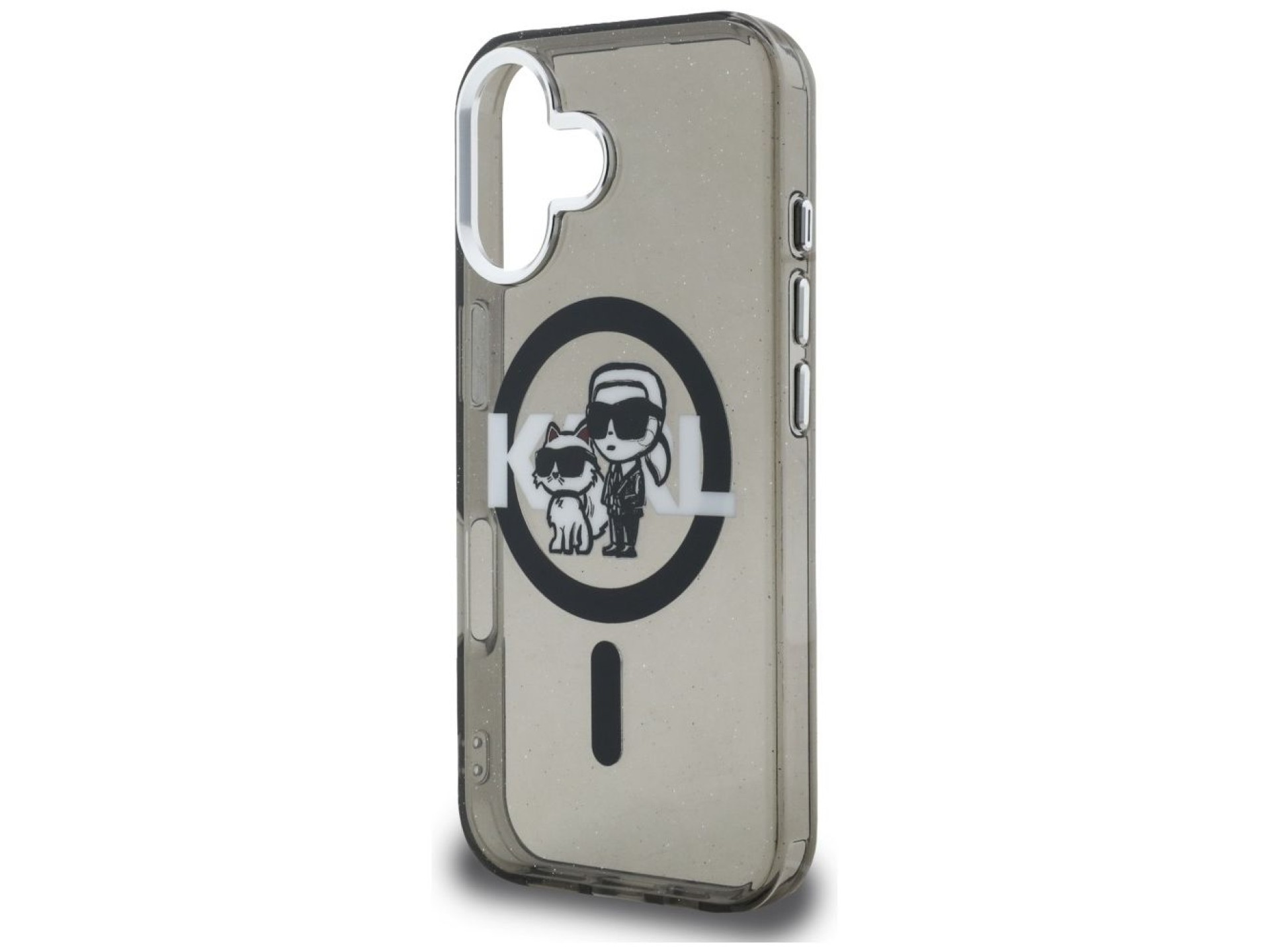 Capa MagSafe Karl Lagerfeld IML Glitter com o logo Karl & Choupette para iPhone 16 - Preta