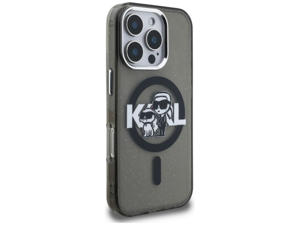 Funda MagSafe Karl Lagerfeld IML Glitter Karl & Choupette Sketch Logo para iPhone 16 Pro - Negra