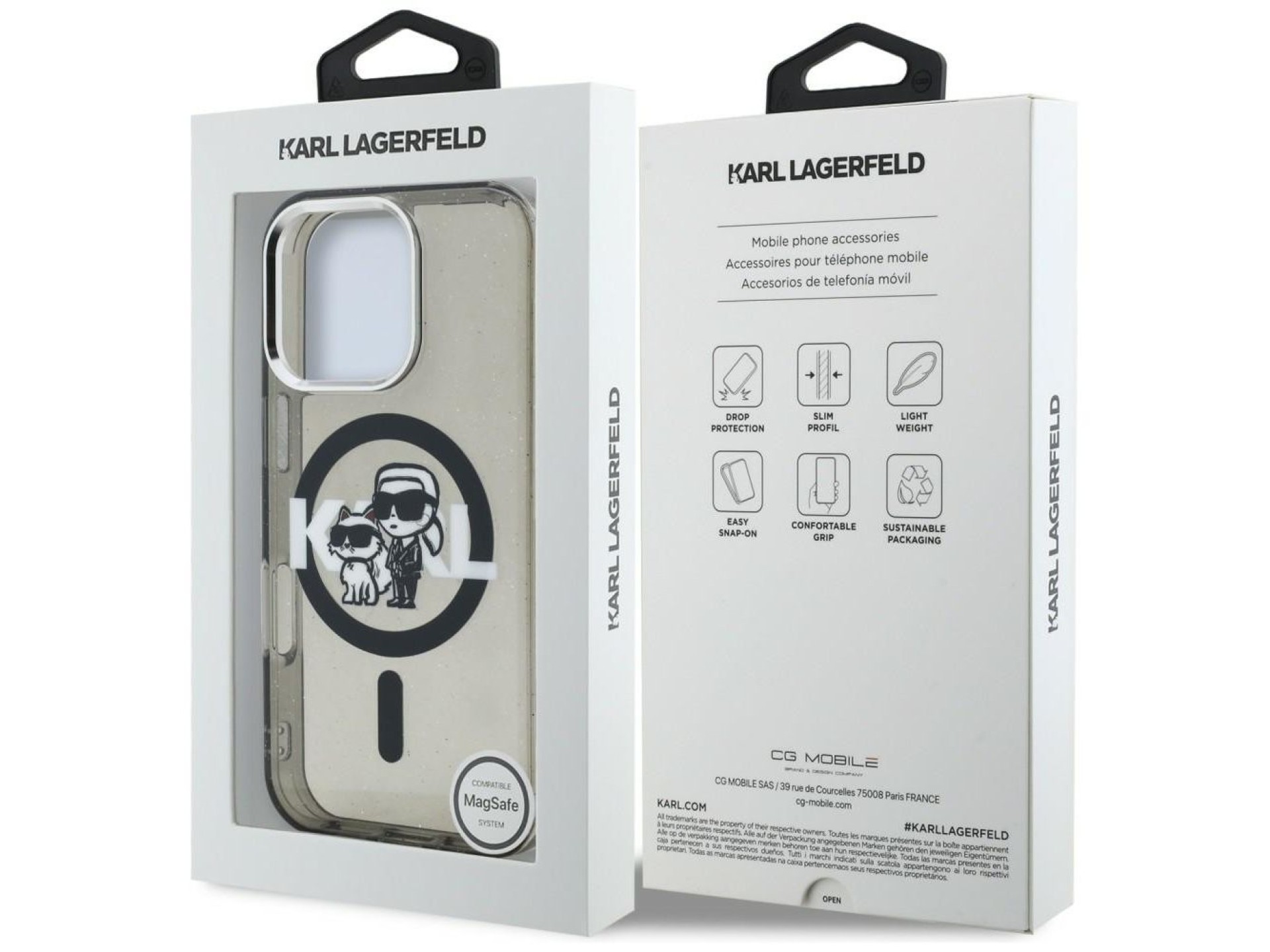 Karl Lagerfeld IML Glitter Karl & Choupette Sketch Logo MagSafe Case for iPhone 16 Pro - Black