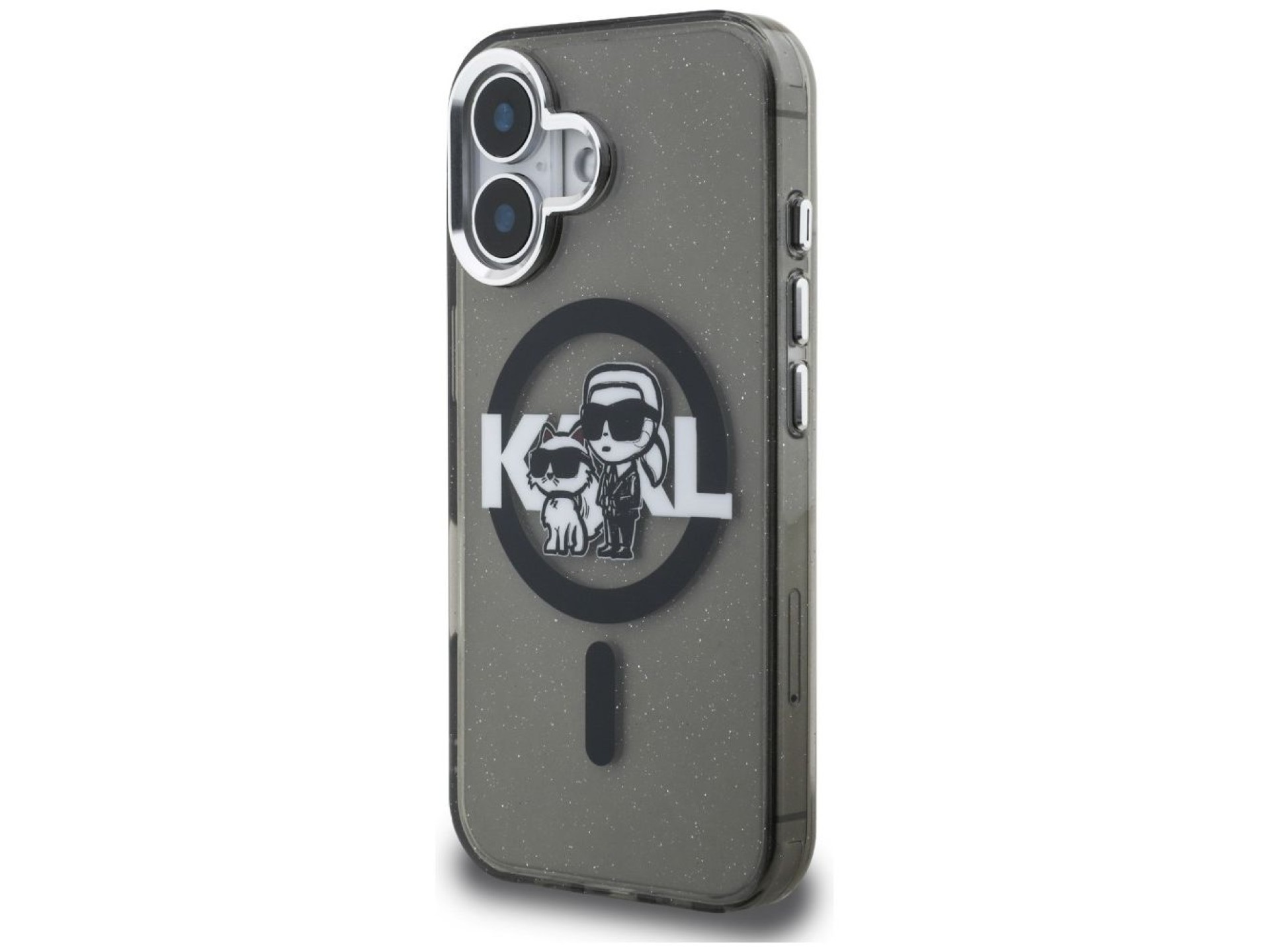 Capa MagSafe Karl Lagerfeld IML Glitter com o logo Karl & Choupette para iPhone 16 - Preta