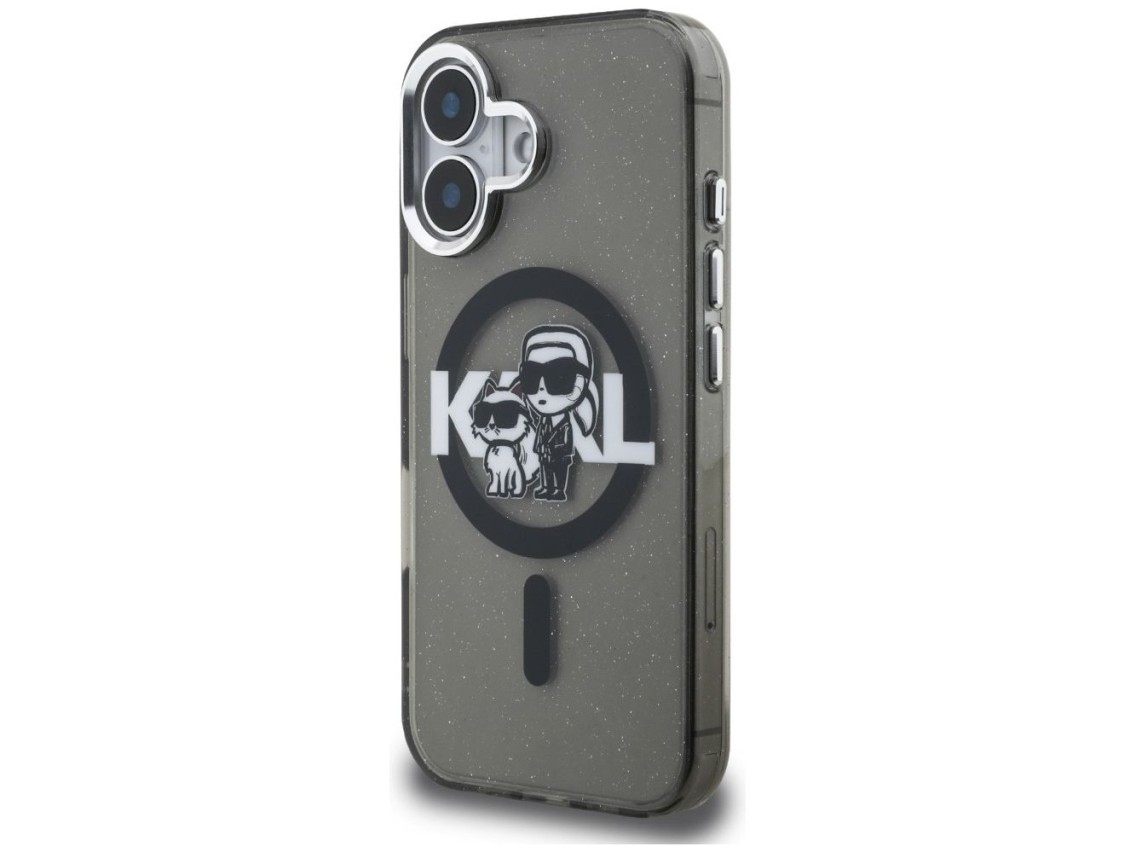 Capa MagSafe Karl Lagerfeld IML Glitter com o logo Karl & Choupette para iPhone 16 - Preta