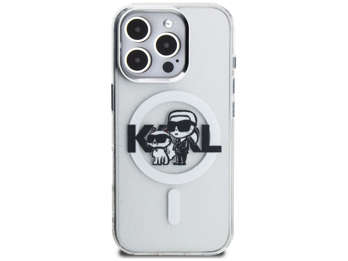 Karl Lagerfeld IML Glitter Karl & Choupette Sketch Logo MagSafe Case for iPhone 16 Pro - Clear