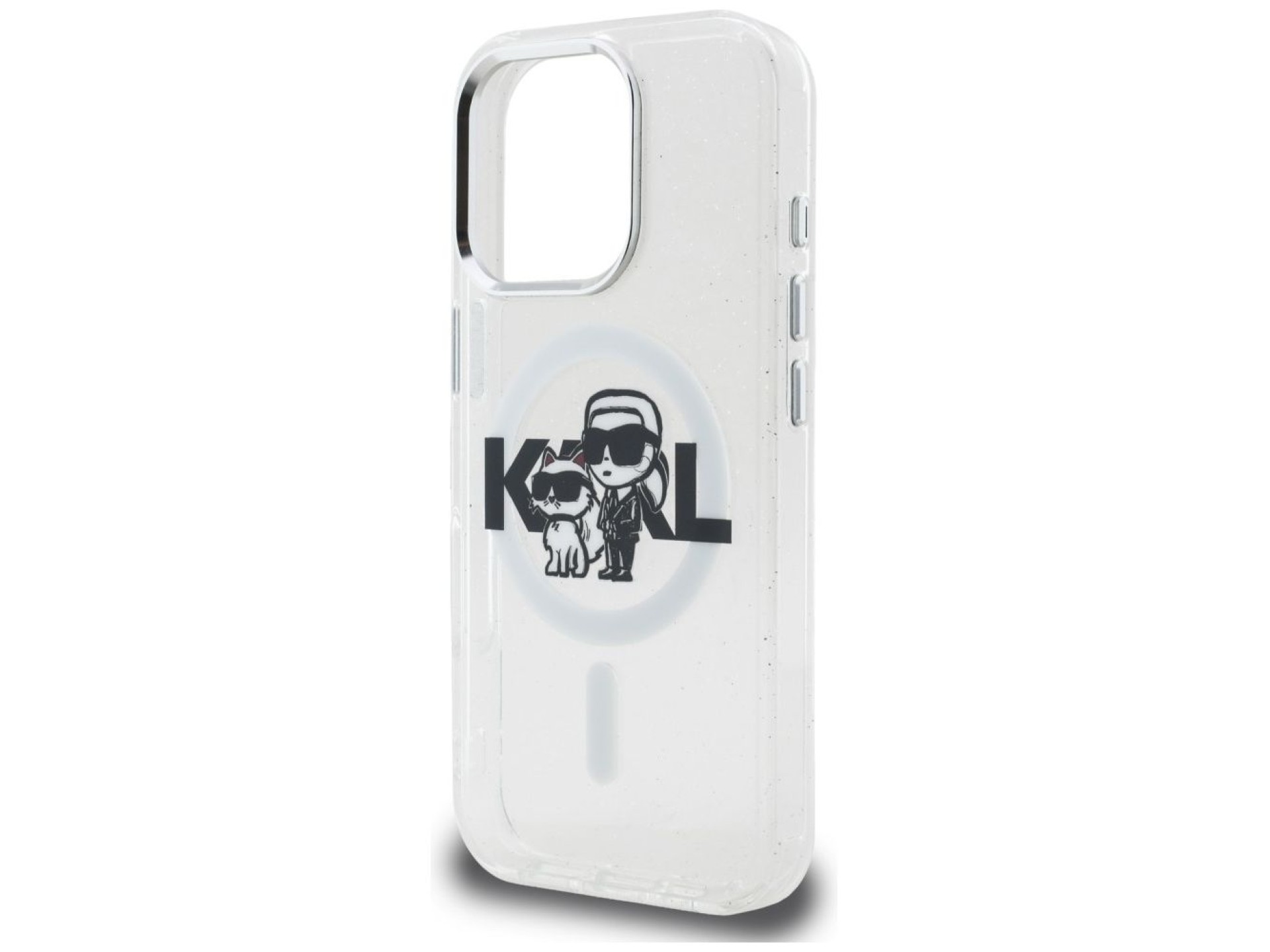 Karl Lagerfeld IML Glitter Karl & Choupette Sketch Logo MagSafe Case for iPhone 16 Pro - Clear