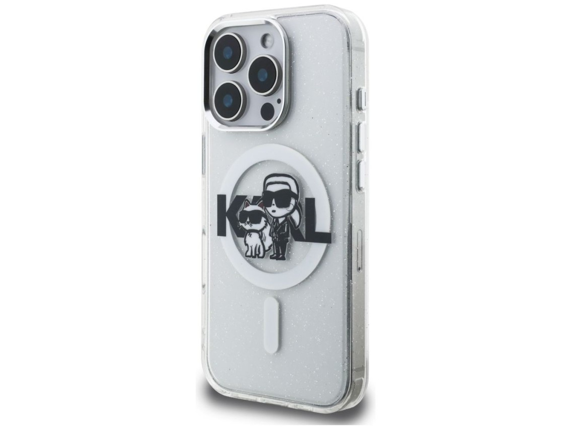 Karl Lagerfeld IML Glitter Karl & Choupette Sketch Logo MagSafe Case for iPhone 16 Pro - Clear