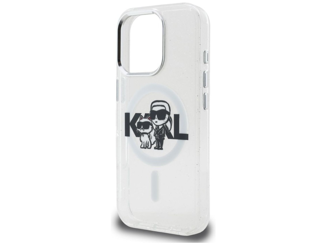 Karl Lagerfeld IML Glitter Karl & Choupette Sketch Logo MagSafe Case for iPhone 16 Pro - Clear
