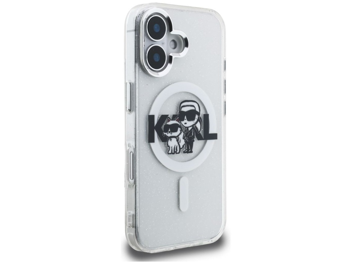 Funda MagSafe Karl Lagerfeld IML Glitter Karl & Choupette Sketch Logo para iPhone 16 - Transparente