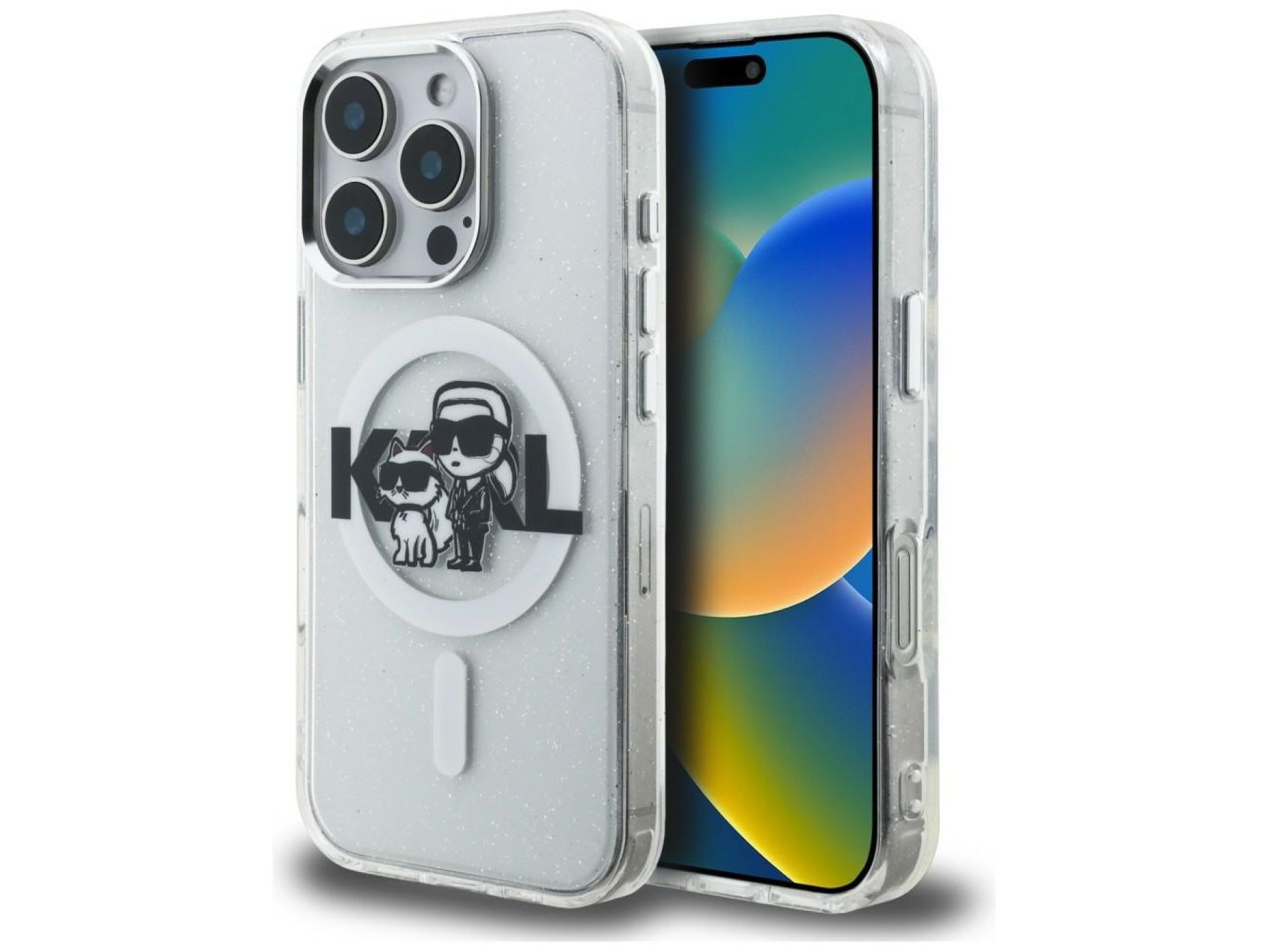 Karl Lagerfeld IML Glitter Karl & Choupette Sketch Logo MagSafe Case for iPhone 16 Pro - Clear