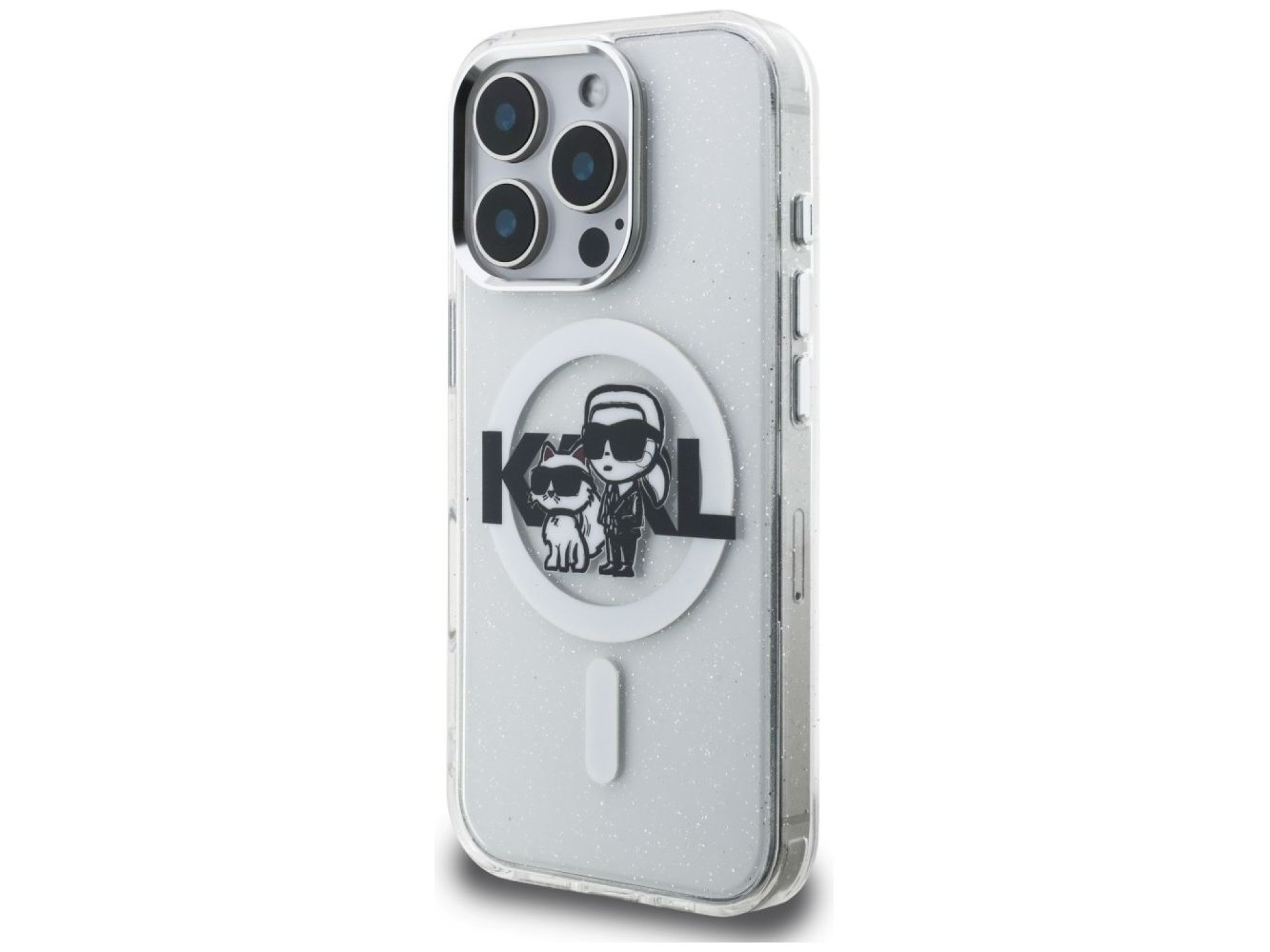 Capa MagSafe Karl Lagerfeld IML Glitter com o logo Karl & Choupette para iPhone 16 Pro Max - Transpa