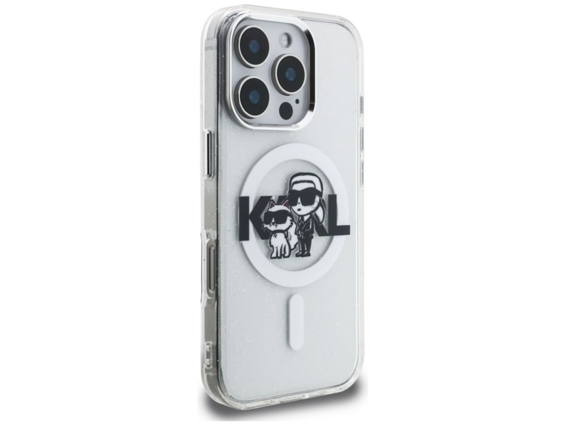 Funda MagSafe Karl Lagerfeld IML Glitter Karl & Choupette Sketch Logo para iPhone 16 Pro Max - Trans