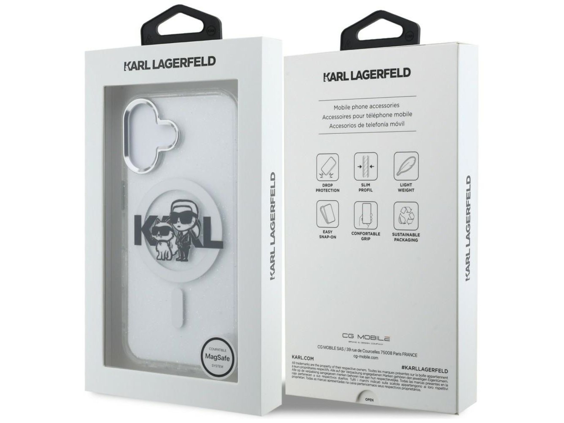 Funda MagSafe Karl Lagerfeld IML Glitter Karl & Choupette Sketch Logo para iPhone 16 - Transparente