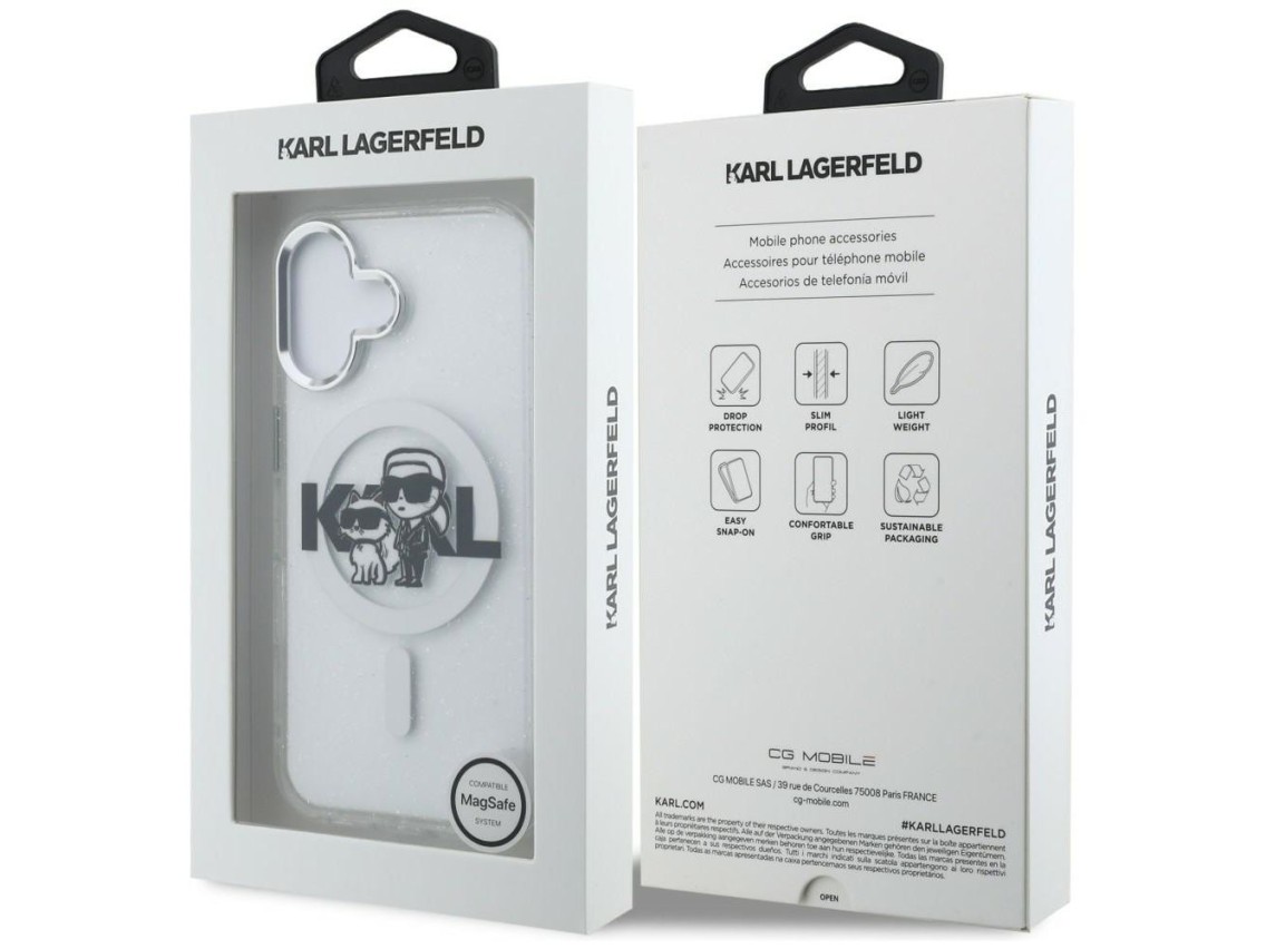 Funda MagSafe Karl Lagerfeld IML Glitter Karl & Choupette Sketch Logo para iPhone 16 - Transparente