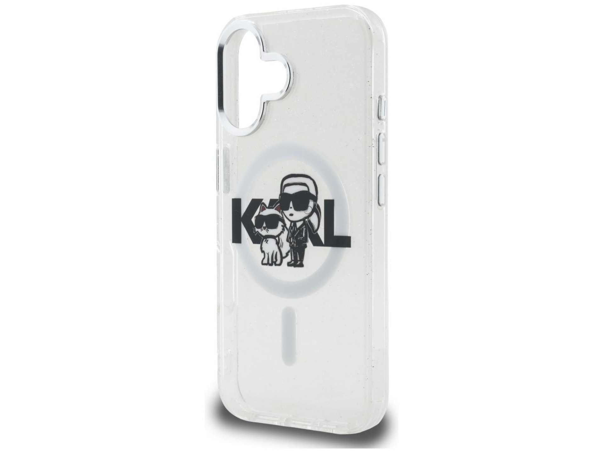 Funda MagSafe Karl Lagerfeld IML Glitter Karl & Choupette Sketch Logo para iPhone 16 - Transparente