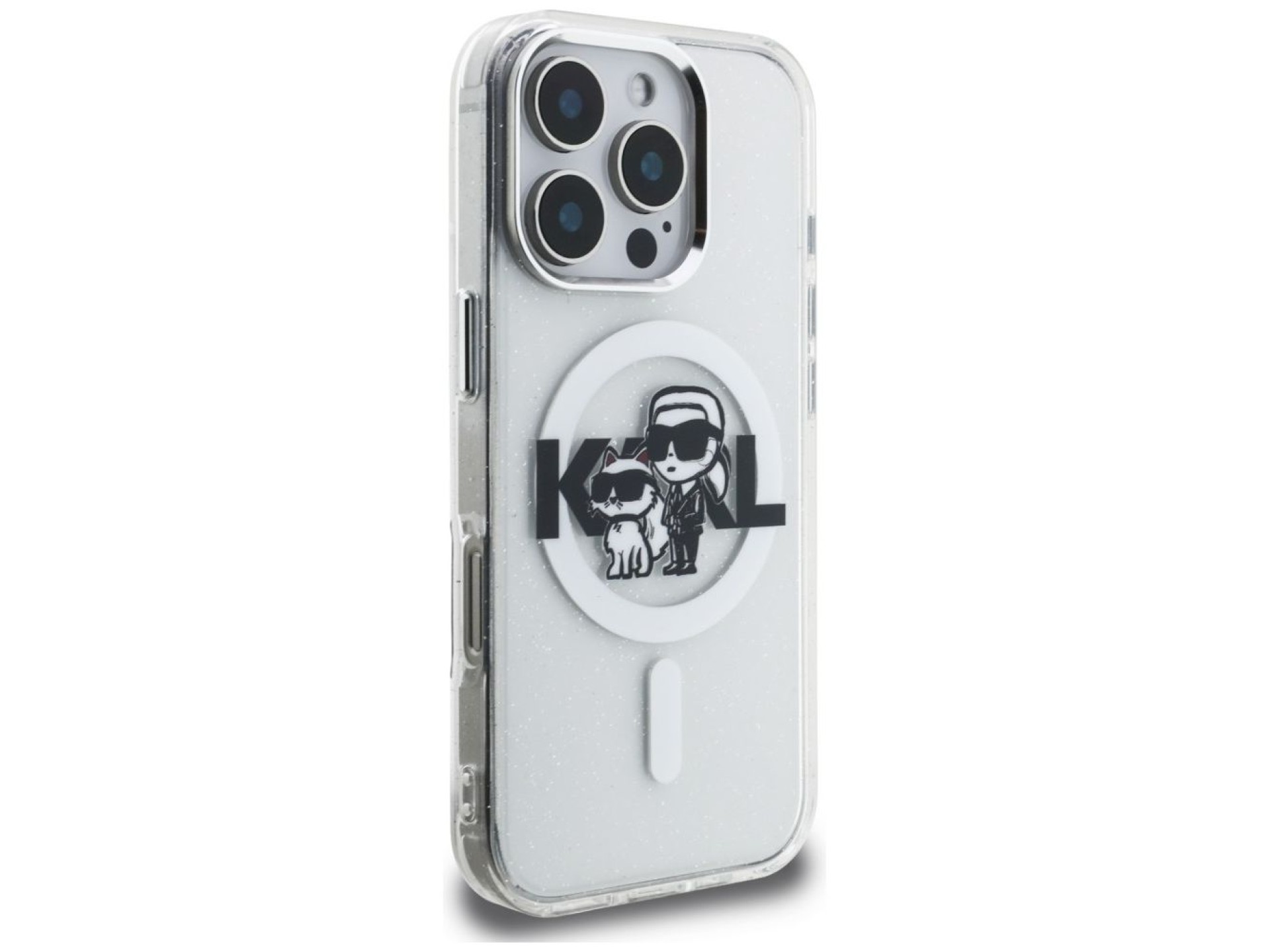 Karl Lagerfeld IML Glitter Karl & Choupette Sketch Logo MagSafe Case for iPhone 16 Pro - Clear