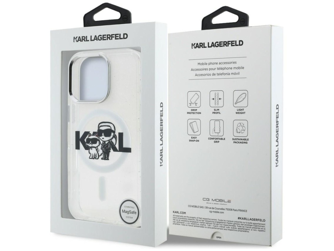 Funda MagSafe Karl Lagerfeld IML Glitter Karl & Choupette Sketch Logo para iPhone 16 Pro Max - Trans