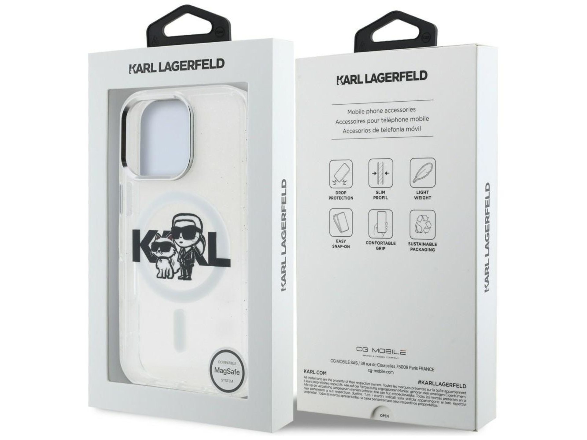 Funda MagSafe Karl Lagerfeld IML Glitter Karl & Choupette Sketch Logo para iPhone 16 Pro Max - Trans