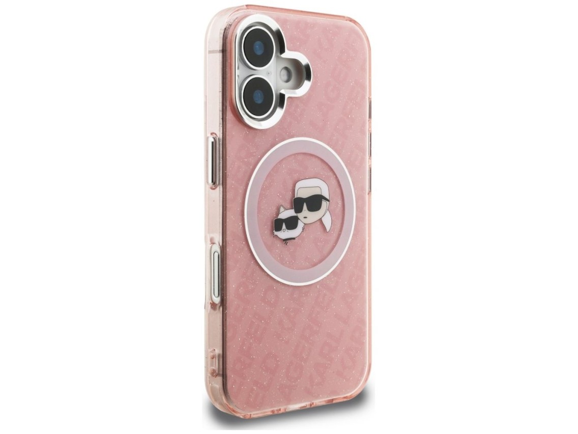 Capa MagSafe para iPhone 16 com estampa de Karl Lagerfeld IML Glitter Karl & Choupette Heads - Rosa