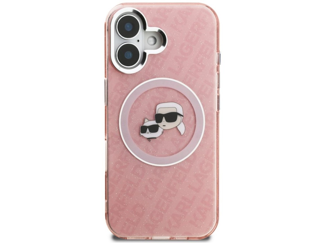 Capa MagSafe para iPhone 16 com estampa de Karl Lagerfeld IML Glitter Karl & Choupette Heads - Rosa