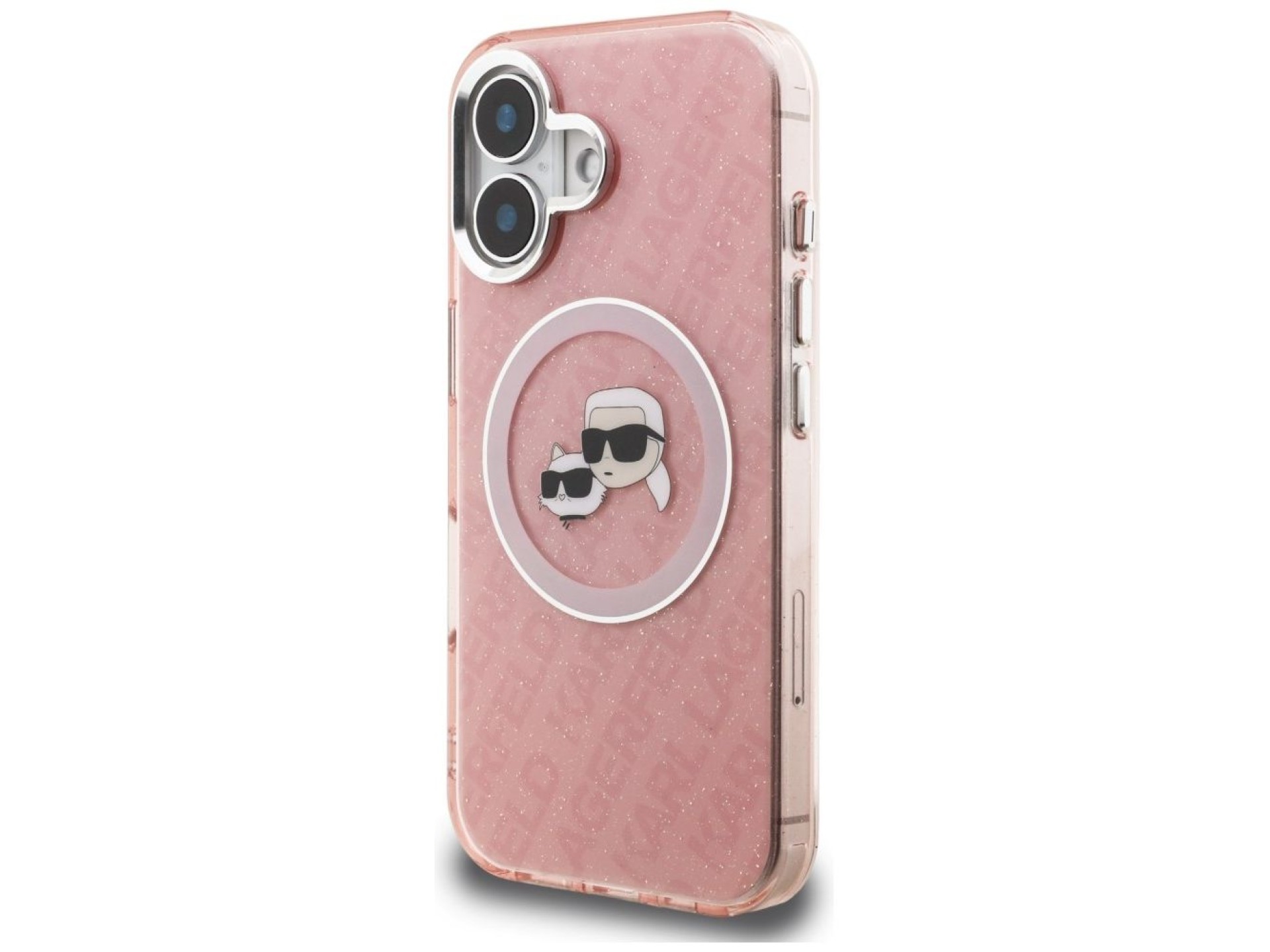 Karl Lagerfeld IML Glitter Karl & Choupette Heads Logo MagSafe iPhone 16 Case - Pink