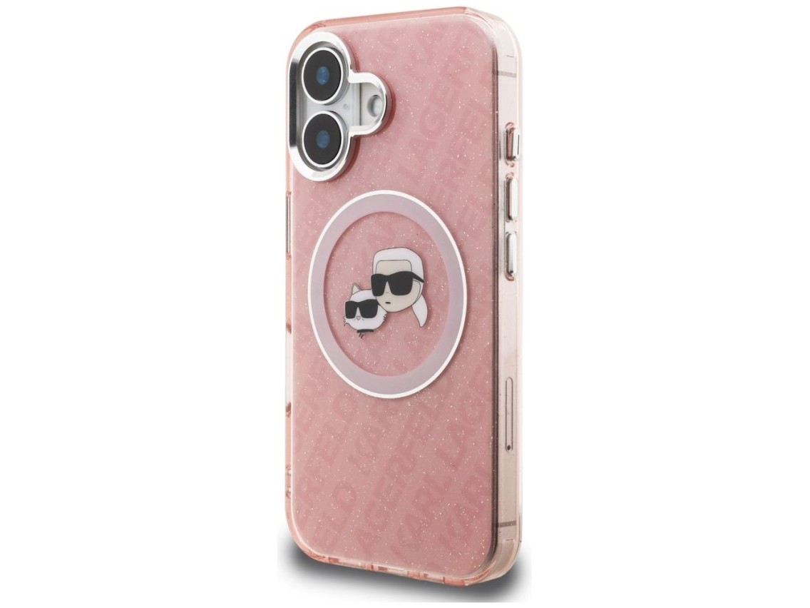 Capa MagSafe para iPhone 16 com estampa de Karl Lagerfeld IML Glitter Karl & Choupette Heads - Rosa