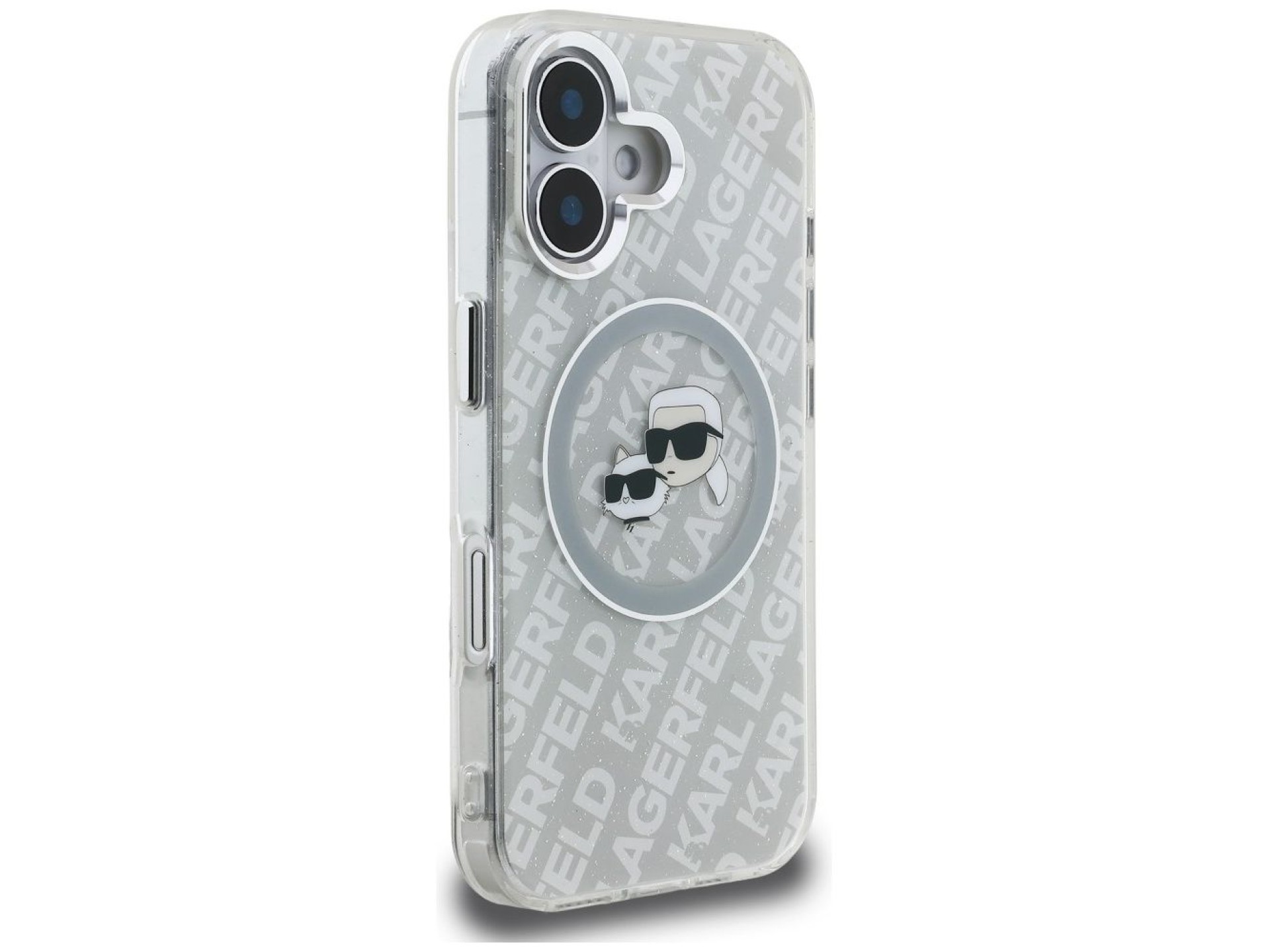 Capa MagSafe para iPhone 16 com estampa de Karl Lagerfeld IML Glitter Karl & Choupette Heads - Cinza