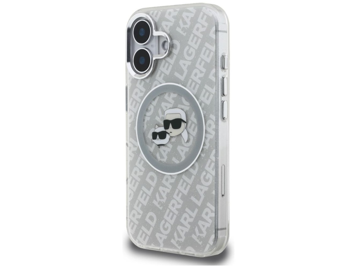 Capa MagSafe para iPhone 16 com estampa de Karl Lagerfeld IML Glitter Karl & Choupette Heads - Cinza