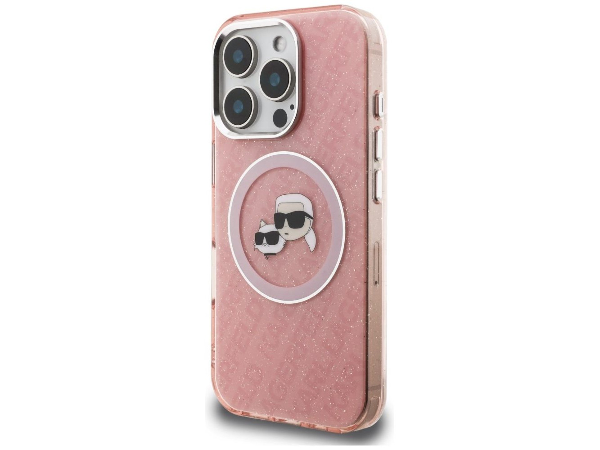 Funda MagSafe Karl Lagerfeld IML Glitter Karl & Choupette Heads para iPhone 16 Pro - Rosa