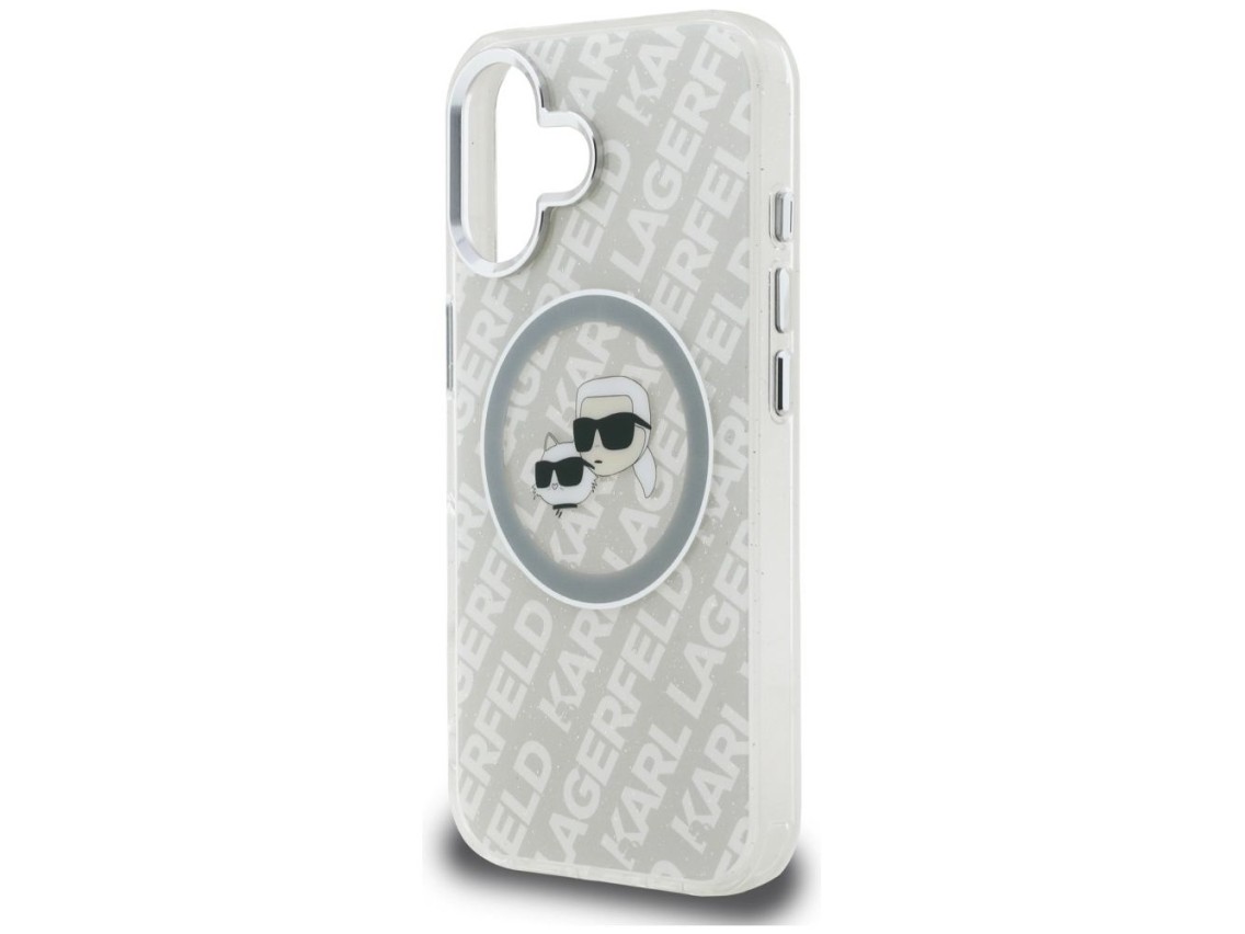 Capa MagSafe para iPhone 16 com estampa de Karl Lagerfeld IML Glitter Karl & Choupette Heads - Cinza