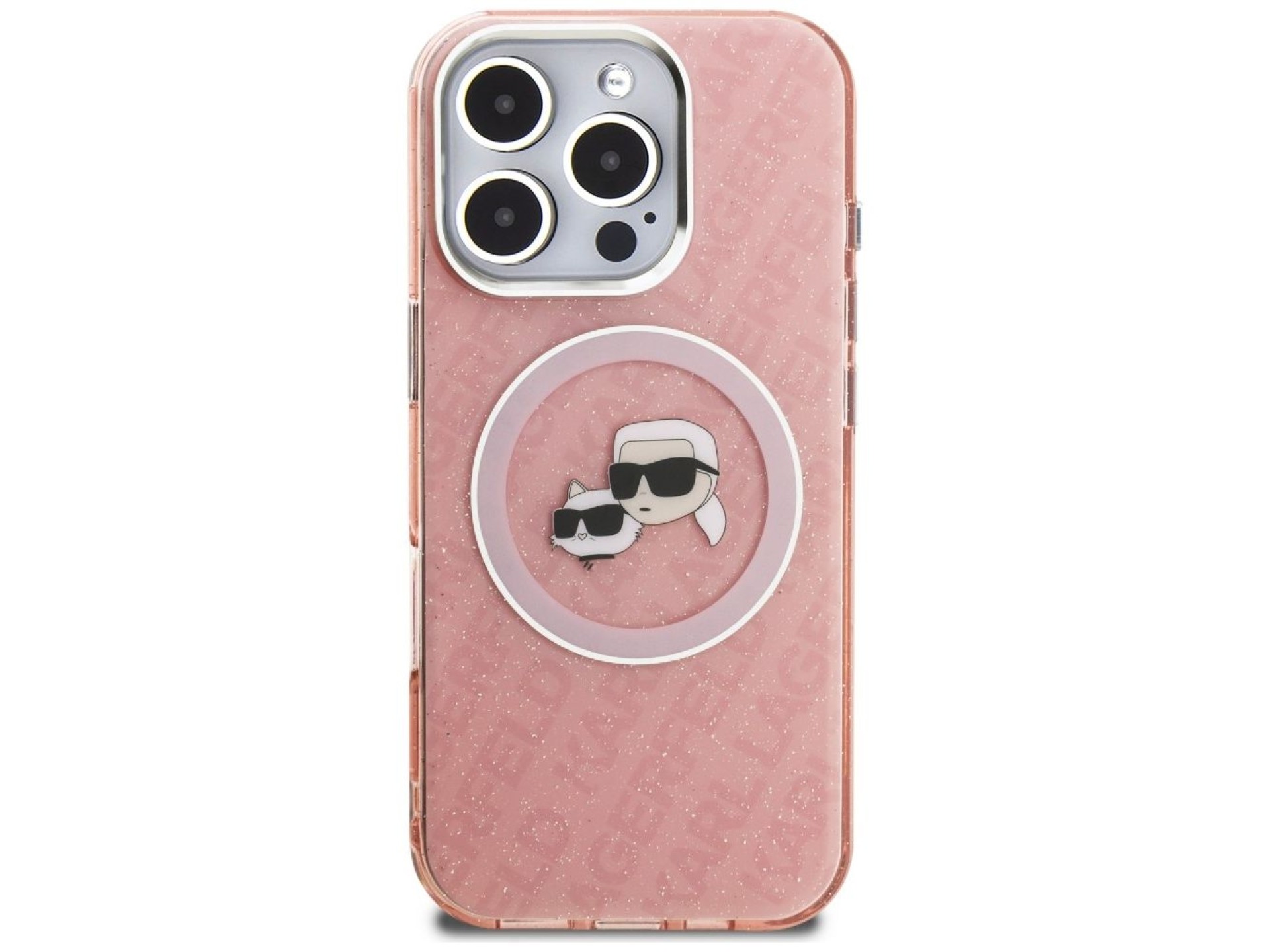 Funda MagSafe Karl Lagerfeld IML Glitter Karl & Choupette Heads para iPhone 16 Pro - Rosa