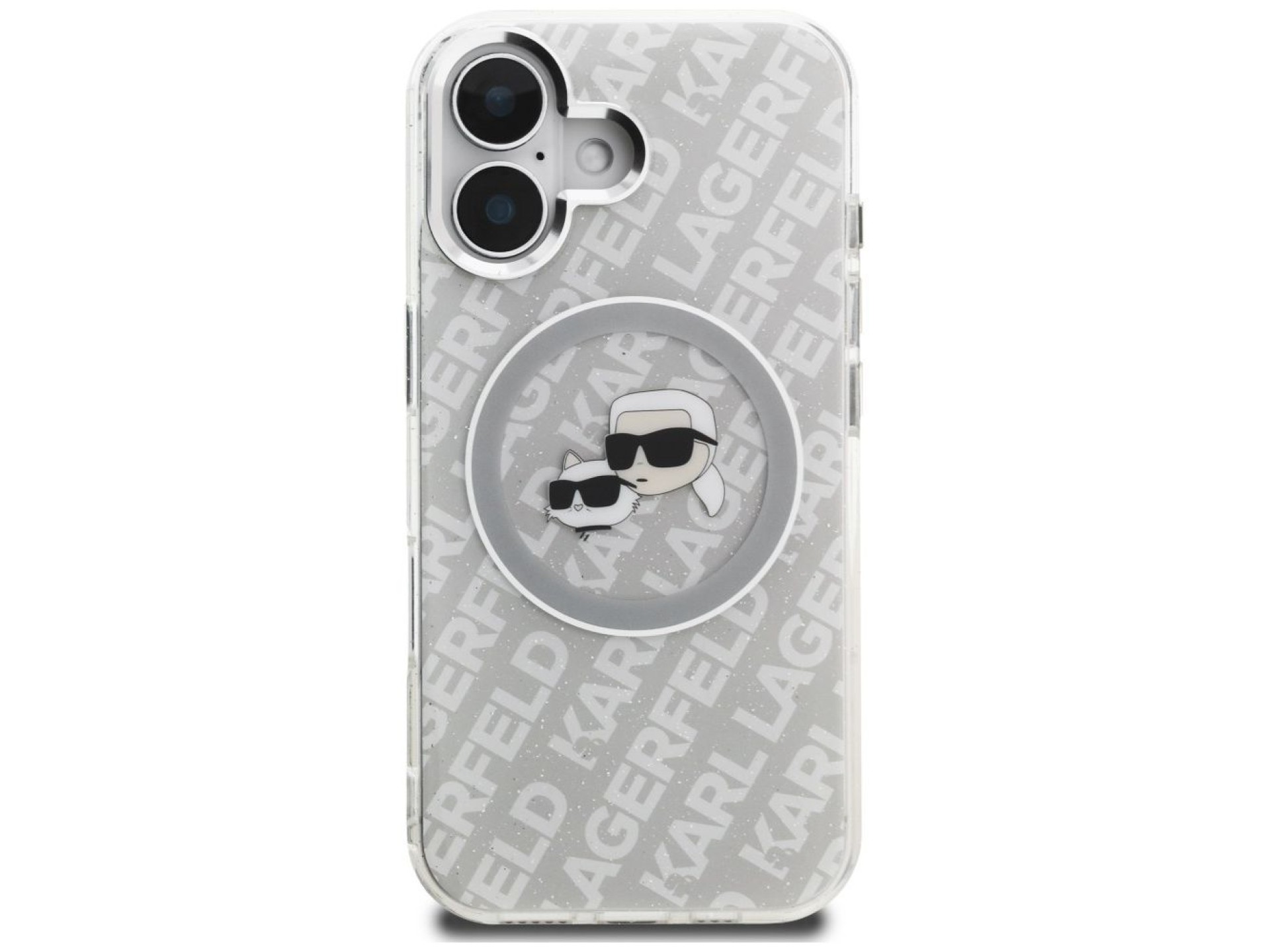 Capa MagSafe para iPhone 16 com estampa de Karl Lagerfeld IML Glitter Karl & Choupette Heads - Cinza