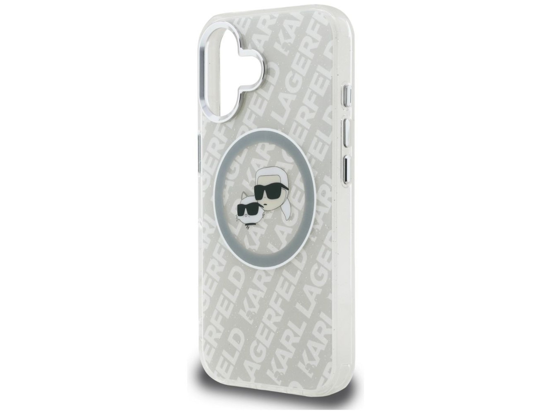 Capa MagSafe para iPhone 16 com estampa de Karl Lagerfeld IML Glitter Karl & Choupette Heads - Cinza