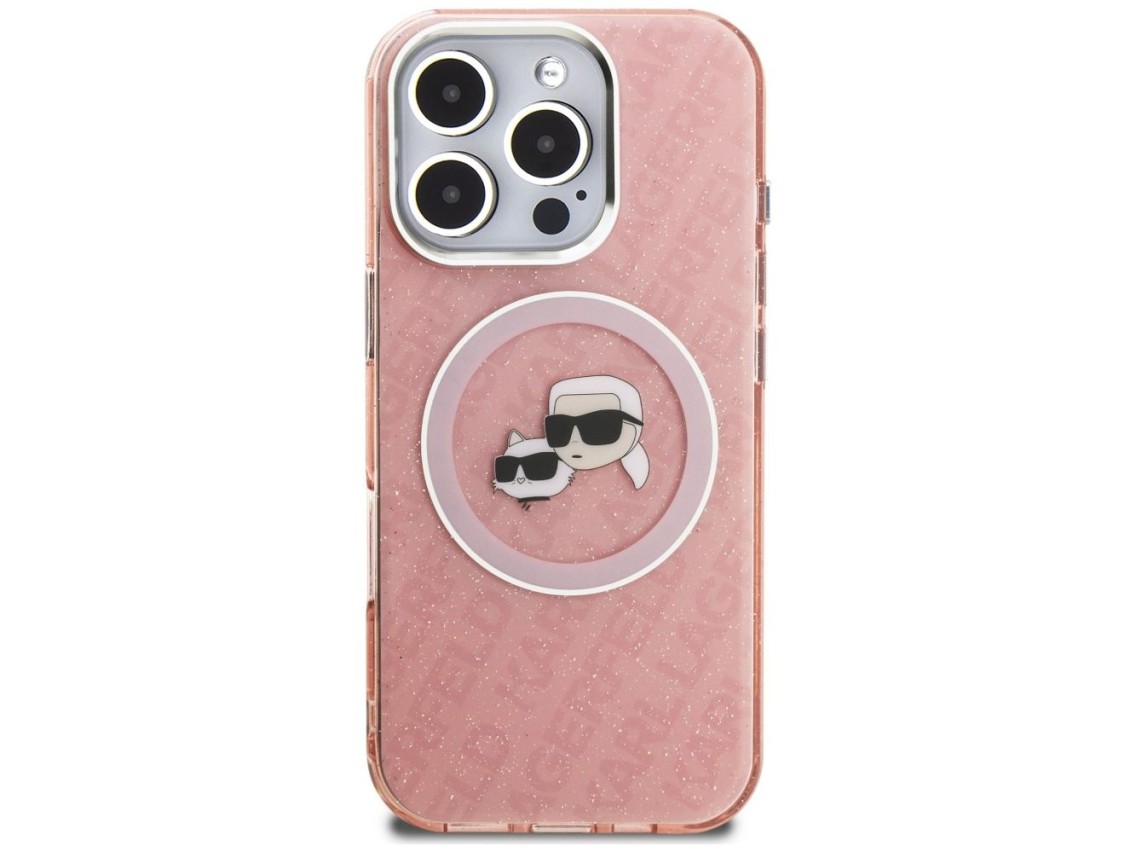 Karl Lagerfeld IML Glitter Karl & Choupette Heads Logo MagSafe Case for iPhone 16 Pro Max - Pink