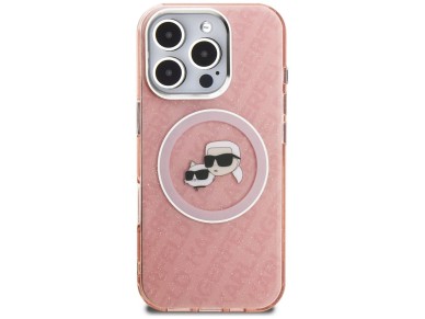 Karl Lagerfeld IML Glitter Karl & Choupette Heads Logo MagSafe Case for iPhone 16 Pro Max - Pink