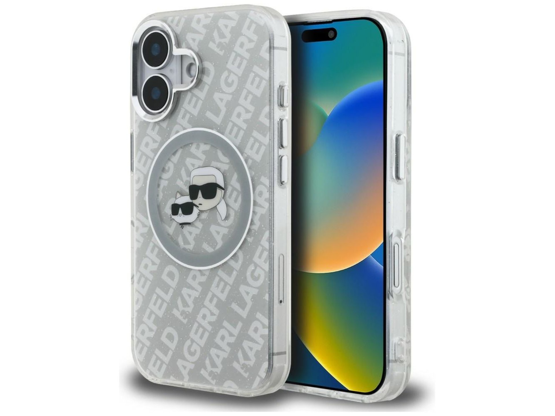 Capa MagSafe para iPhone 16 com estampa de Karl Lagerfeld IML Glitter Karl & Choupette Heads - Cinza