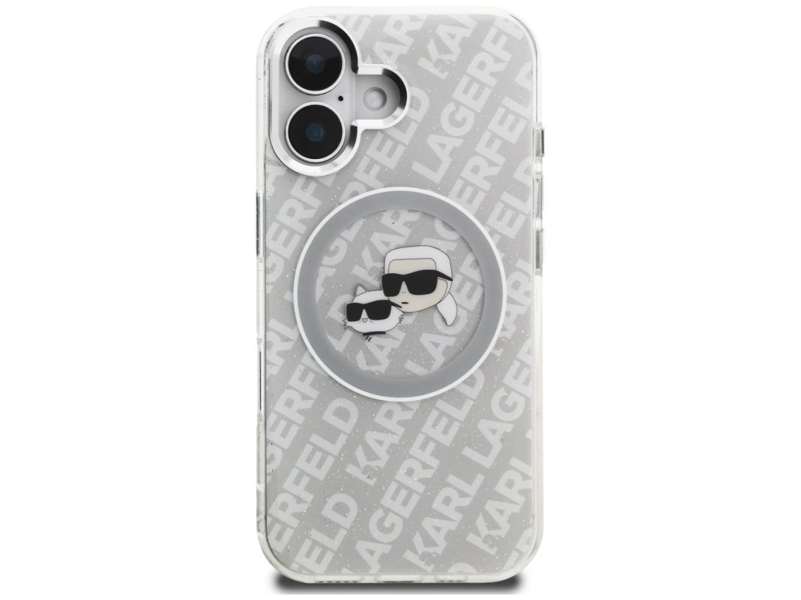 Capa MagSafe para iPhone 16 com estampa de Karl Lagerfeld IML Glitter Karl & Choupette Heads - Cinza