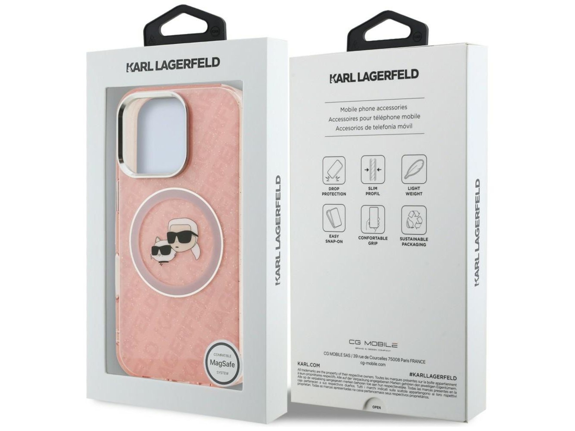 Karl Lagerfeld IML Glitter Karl & Choupette Heads Logo MagSafe Case for iPhone 16 Pro Max - Pink