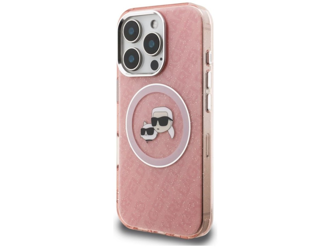 Funda MagSafe Karl Lagerfeld IML Glitter Karl & Choupette Heads para iPhone 16 Pro - Rosa