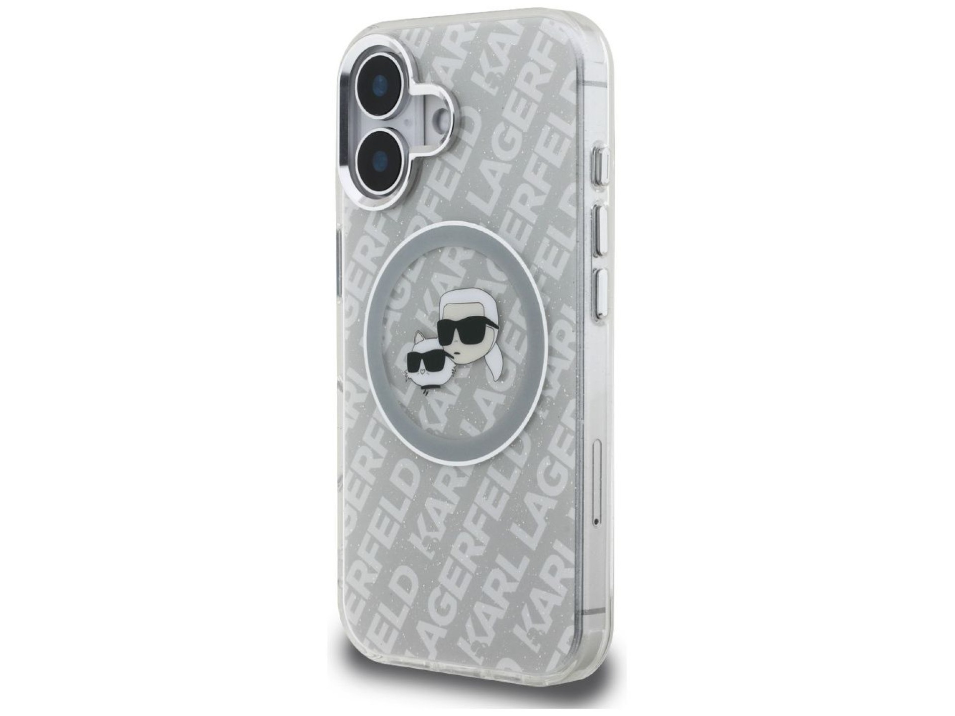 Capa MagSafe para iPhone 16 com estampa de Karl Lagerfeld IML Glitter Karl & Choupette Heads - Cinza