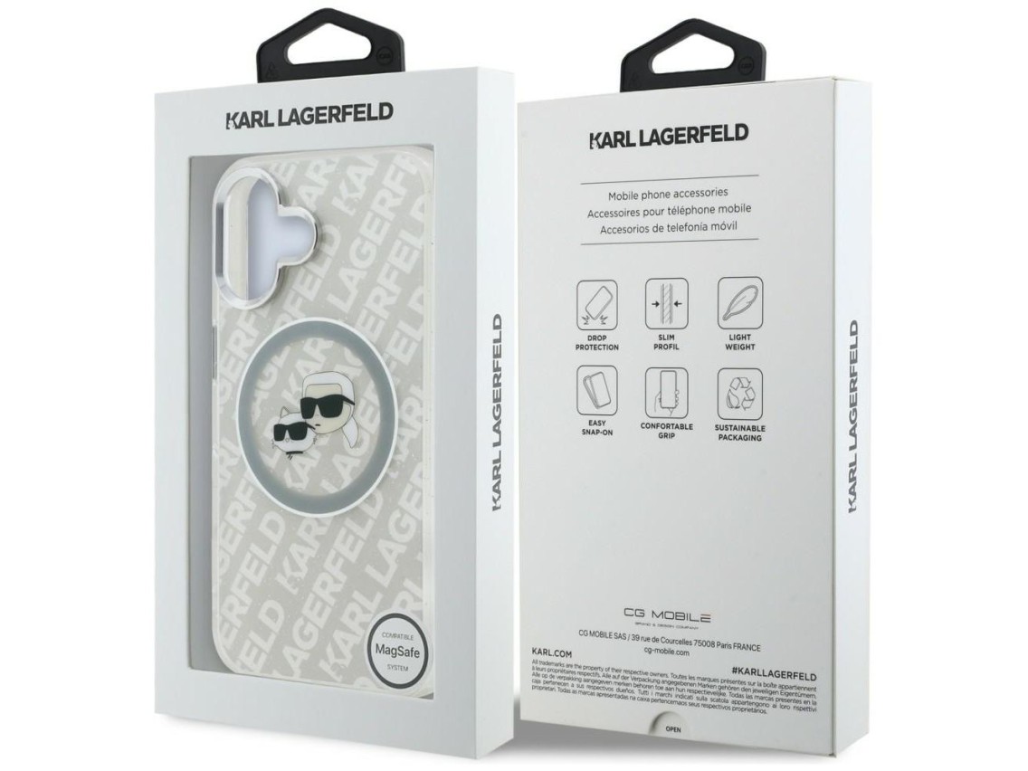 Capa MagSafe para iPhone 16 com estampa de Karl Lagerfeld IML Glitter Karl & Choupette Heads - Cinza