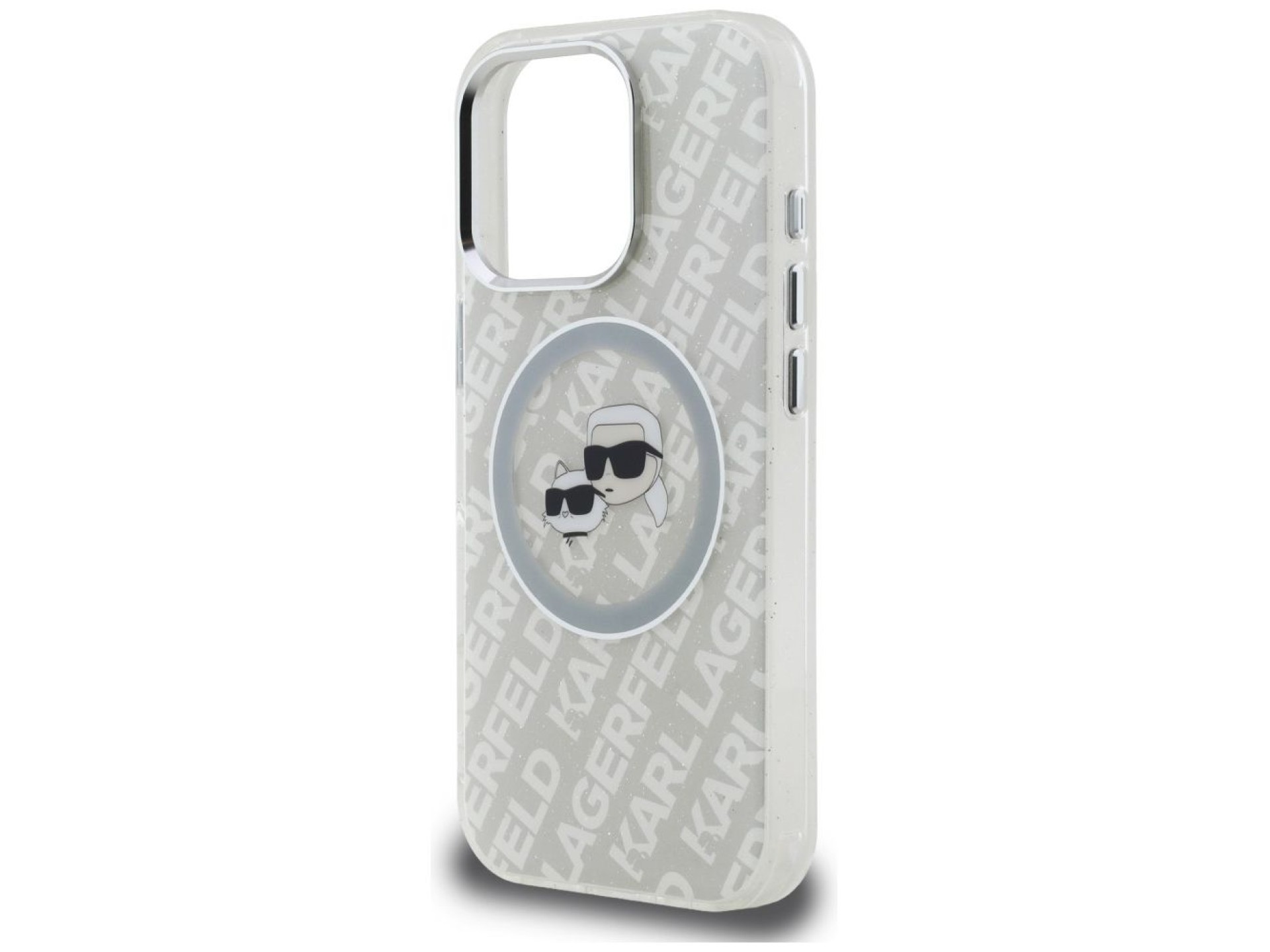 Karl Lagerfeld IML Glitter Karl & Choupette Heads Logo MagSafe Case for iPhone 16 Pro - Gray